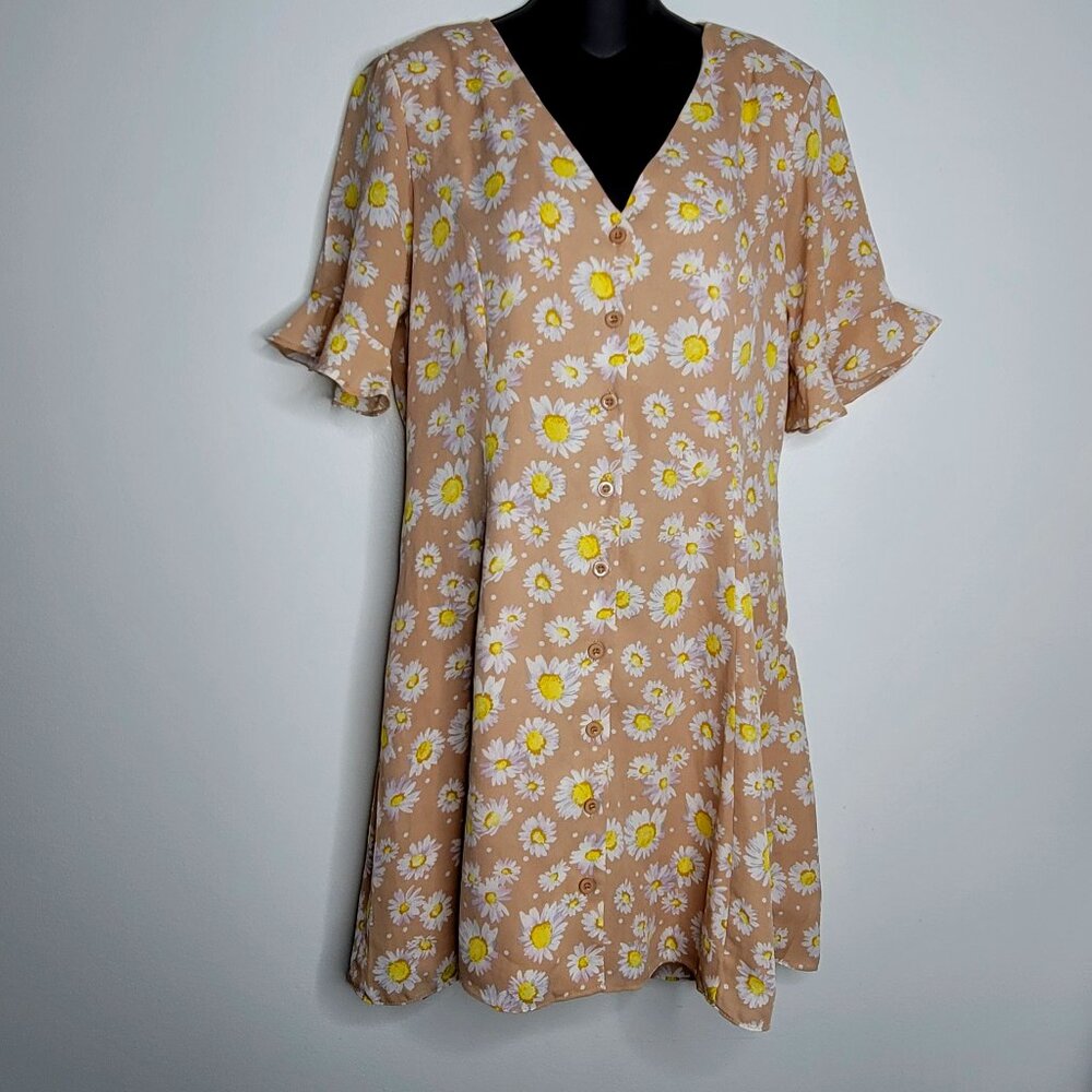 Lulus‎ Womens Dress Medium Floral Daisy Print Button Tie Back Ruffle Sleeves